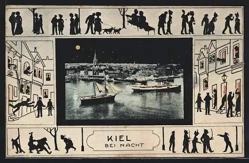 Künstler-AK Kiel, Kiel bei Nacht, Hafenpartie bei Vollmond, Nachtleben in Schattenbildern