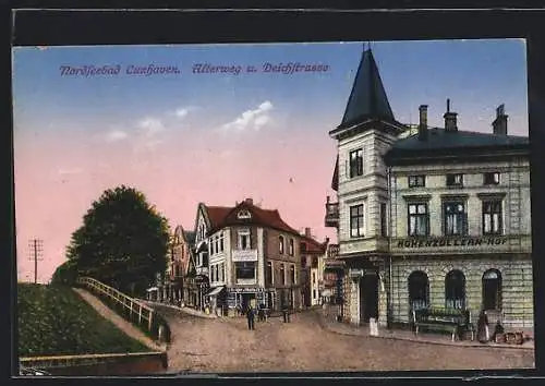 AK Cuxhaven, Alterweg und Deichstrasse mit Hohenzollern-Hof