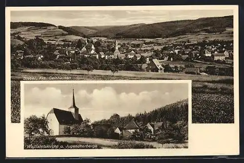 AK Bieber /Krs. Gelnhausen, Ortsansicht mit Wallfahrtskirche und Jugendherberge