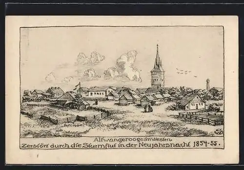 AK Alt-Wangerooge, Ortsansicht vor der Zerstörung durch die Sturmflut 1854-55