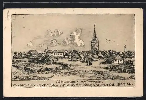 Künstler-AK Wangerooge, Altwangerooge im Westen, Zerstört durch Sturmflut i. d. Neujahresnacht 1854-55