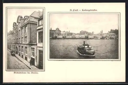 AK Hamburg-St.Pauli, Dampfer vor der Landungsbrücke, Geschäftshaus des Vereins für Handlungscommis von 1858