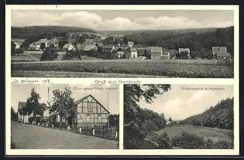 AK Hambach / Lahn, Gasthaus zum gemütlichen Hessen, Strassenpartie, Ortsansicht