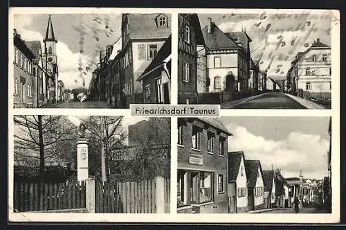 AK Friedrichsdorf /Taunus, Denkmal Friedrich II., Strassenpartie mit Rudi Anders Buchhandlung