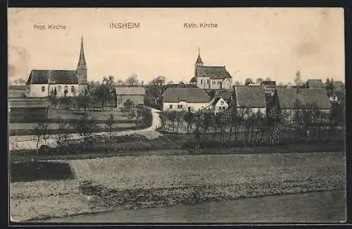 AK Insheim, Ortsansicht mit Prot. Kirche und Kath. Kirche