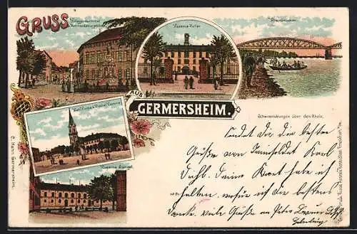 Lithographie Germersheim, Kaserne Zoller, Rheinbrücken, Kaserne Stengel