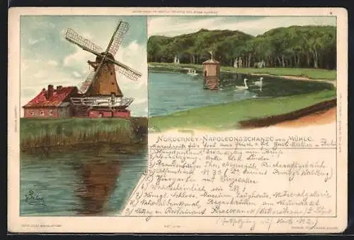Künstler-AK Carl Biese: Norderney, Napoleonsschanze und Windmühle