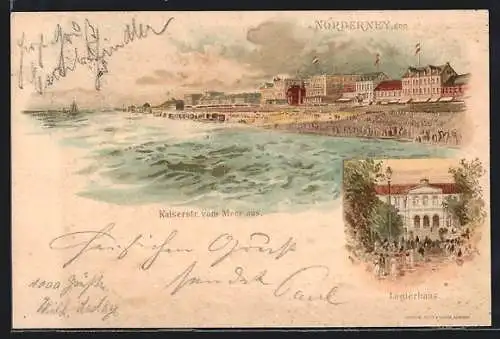 Lithographie Norderney, Gasthaus Logierhaus, Kaiserstrasse vom Meer aus