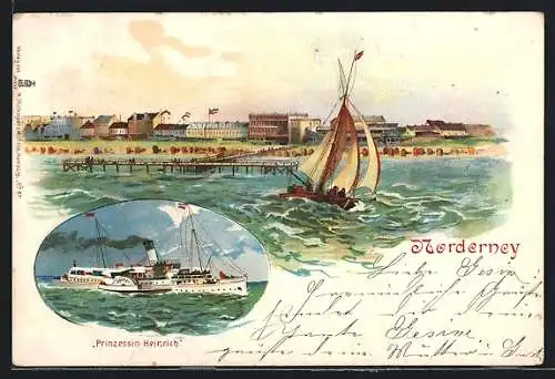 Lithographie Norderney, Dampfer Prinzessin Heinrich, Segelschiff vor dem Steg