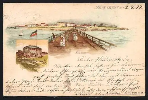 Lithographie Norderney, Ortsansicht vom Seesteg aus