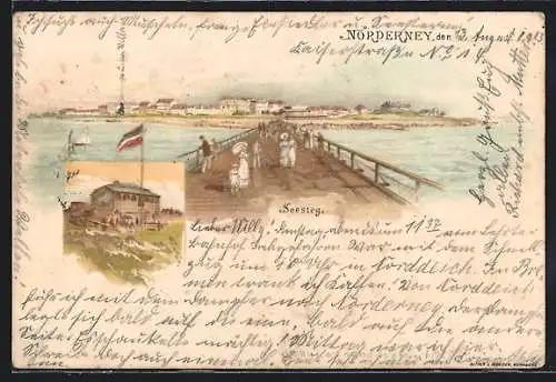 Lithographie Norderney, Ortsansicht mit Seesteg