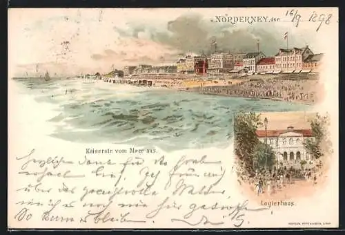 Lithographie Norderney, Kaiserstrasse vom Meer aus, Logierhaus