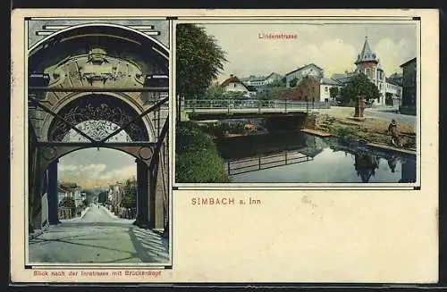 AK Simbach a. Inn, Innstrasse mit Brückenkopf, Lindenstrasse
