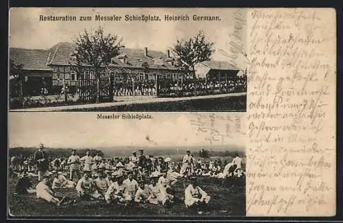 AK Messel, Restaurant zum Messeler Schiessplatz von Heinrich Germann, Soldaten auf dem Messeler Schiessplatz