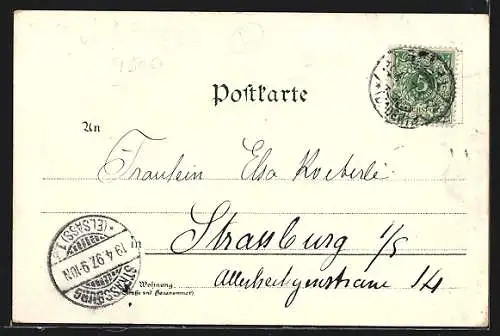 Lithographie Bühl i. B., Burg Alt-Windeck, Gertelbach-Wasserfälle, Kath. Kirche u. Rathaus