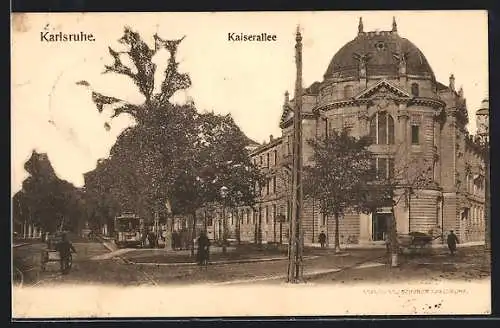 AK Karlsruhe, Strassenbahn in der Kaiserallee