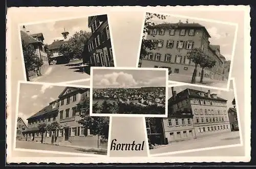 AK Korntal, Strassenpartie mit Gemeinde-Gasthaus, Blick zur Kirche