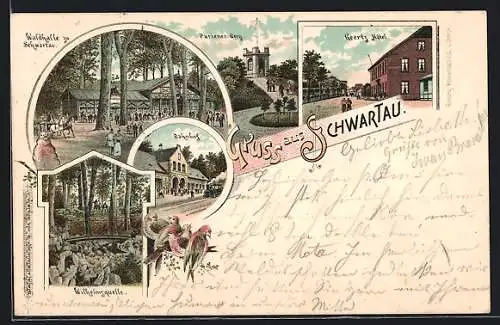 Lithographie Schwartau, Geertz Hotel, Waldhalle, Pariener Berg, Wilhelmsquelle, Bahnhof