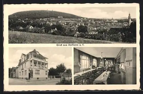 AK Hofheim a. T., Hotel zur Post mit Speiseraum, Ortsansicht