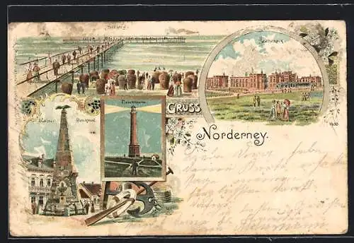Lithographie Norderney, Kaiser Denkmal mit Anker, Leuchtturm, Seehospiz
