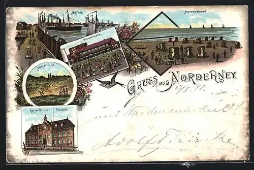 Lithographie Norderney, Dampfer am Hafen, Victoriahalle, Kaiserliches Postamt