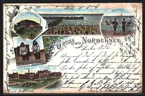 Lithographie Norderney, Seesteg am Strand, Seehospiz, Damenbad