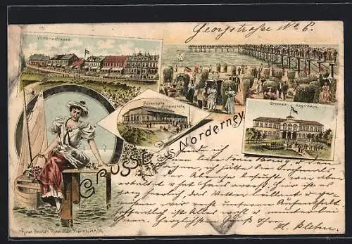 Lithographie Norderney, Grosses Logirhaus, Dünenhalle Wilhelmshöhe, Strandbrücke mit Menschenmenge, Strandkörbe