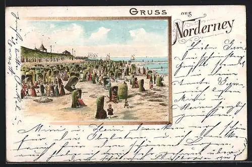 Lithographie Norderney, Strandpartie