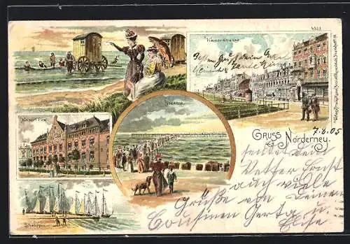 Lithographie Norderney, Kaiserstrasse, Kaiserl. Post, Schaluppen