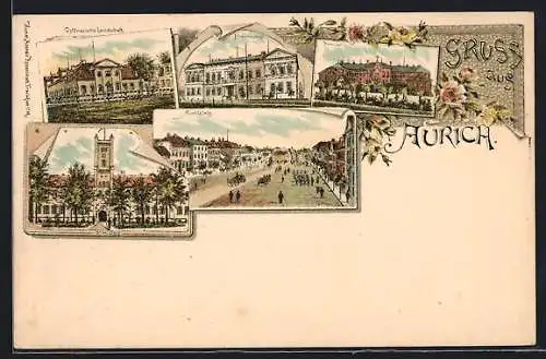 Lithographie Aurich / Ostfriesland, Blick auf Schloss, Seminar und Marktplatz
