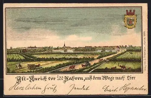 Lithographie Aurich / Ostfriesland, Alte Stadtansicht mit Strasse nach Leer