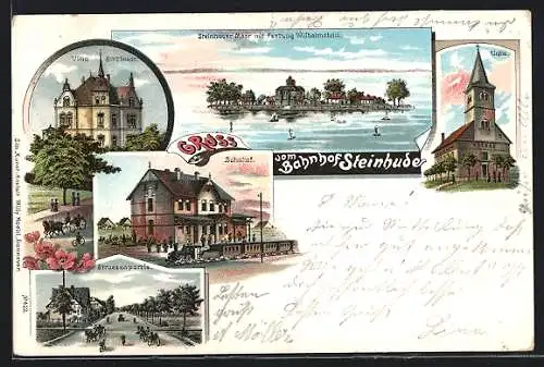 Lithographie Steinhude, Bahnhof, Villa Bretthauer, Kirche, Strassenpartie