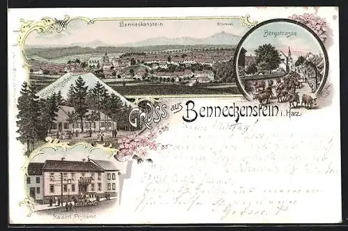 Lithographie Benneckenstein /Harz, Gasthaus Waldschlösschen, Postamt, Bergstrasse, Totalansicht mit Brocken
