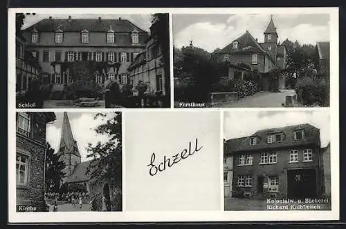 AK Echzell, Forsthaus, Kolonialwaren-Bäckerei R. Kalbfleisch, Kirche, Schloss