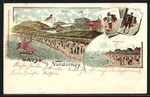 Lithographie Norderney, Weststrand, Muschelsucher, Strand mit Giftbude