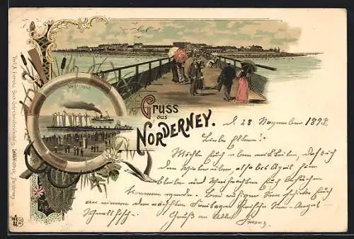 Lithographie Norderney, Seebrücke mit Ortsblick, Weststrand