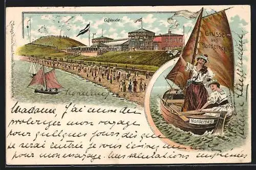 Lithographie Norderney, Gasthaus Giftbude am Strand, Schönheiten im Segelboot