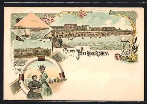 Lithographie Norderney, Centralstrand vom Wasser aus, Seehospiz, Verkäuferin am Strand