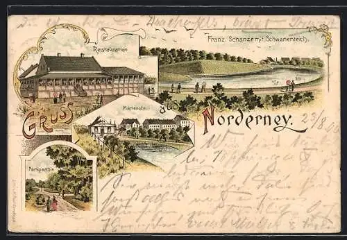 Lithographie Norderney, Restaurant, Marienstr., Parkpartie & Franz. Schanze mit Schwanenteich