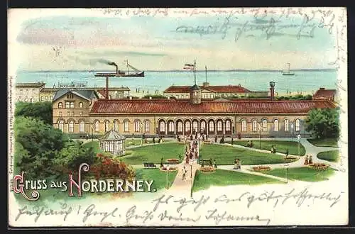 Lithographie Norderney, Ortspartie mit Hotel