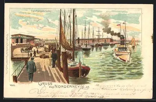 Lithographie Norderney, Landungsbrücke mit Hafenblick und Dampfer