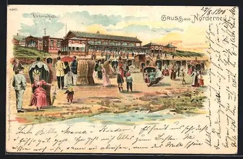 Lithographie Norderney, Victoriahalle mit Strand