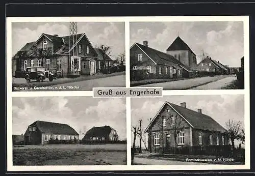 AK Engerhafe, Bäckerei und Gemischtwarenhandlung v. J. L. Nörder, Gemischtwarenhandlung von M. Nörder, Ortspartie