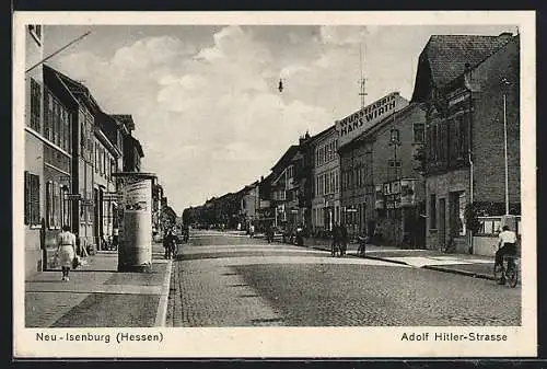 AK Neu-Isenburg /Hessen, Adlf Strasse mit Wurstfabrik Hans Wirth, Litfasssäule