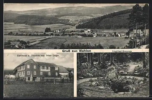 AK Wahlen / Odenwald, Gasthaus zum weissen Ross, Siegfried-Brunnen, Gesamtansicht