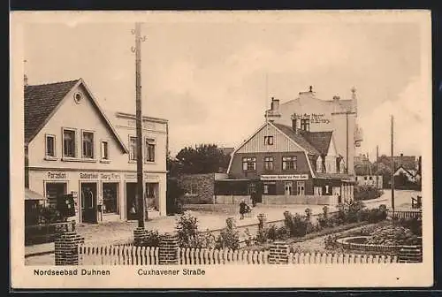 AK Duhnen /Nordsee, Cuxhavener Strasse mit Geschäft Georg Frers und Gasthof zur Post