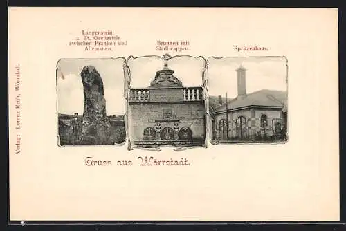 AK Wörrstadt, Spritzenhaus, Brunnen mit Stadtwappen