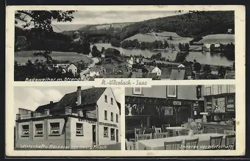 AK N.-Würzbach /Saar, Gasthaus-Bäckerei G. Frisch, Badeweiher mit Strandbad