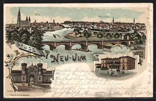 Lithographie Neu-Ulm, Friedens-Kaserne, Bahnhof