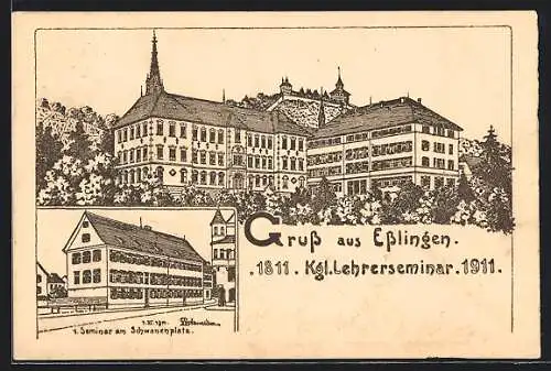Künstler-AK Esslingen / Neckar, Königliches Lehrerseminar 1811-1911, 1. Seminar am Schwanenplatz